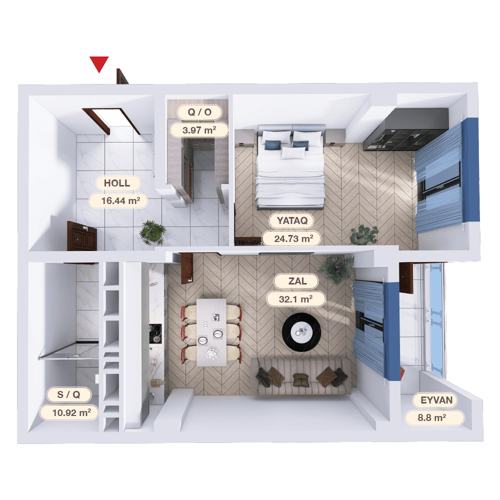 2 otaq studio,  96.88 kvm - 2