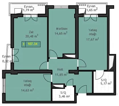 3 комнаты, 107,34 кв.м. - 2