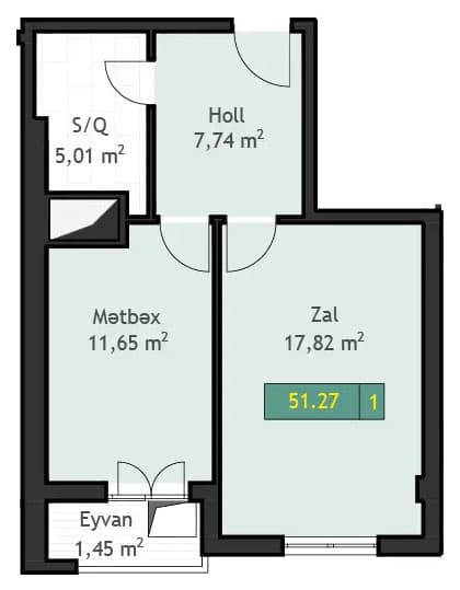 1 ком., 51,27 кв.м. - 2
