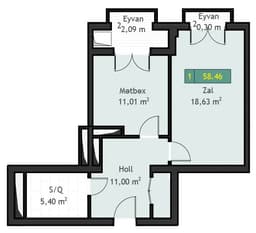 1 ком., 58,46 кв.м.