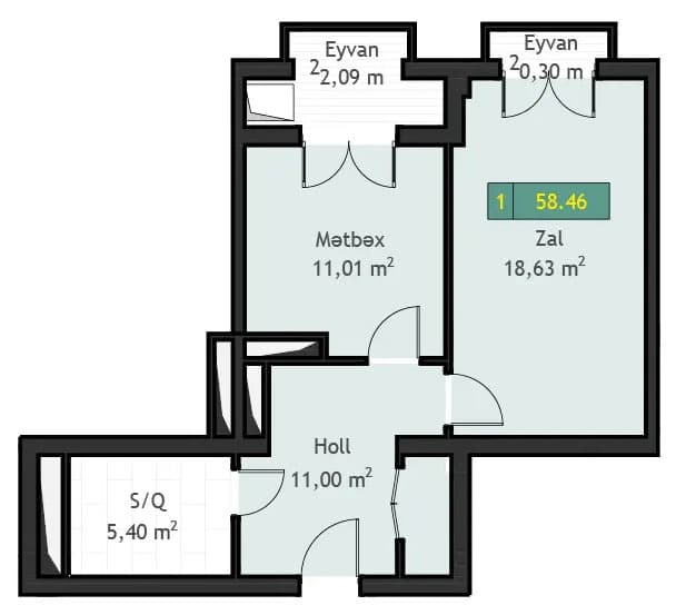 1 otaq, 58.46 kv.m. - 2