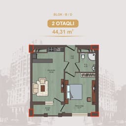 5 Ulduz 2 комнаты 44,31 квм