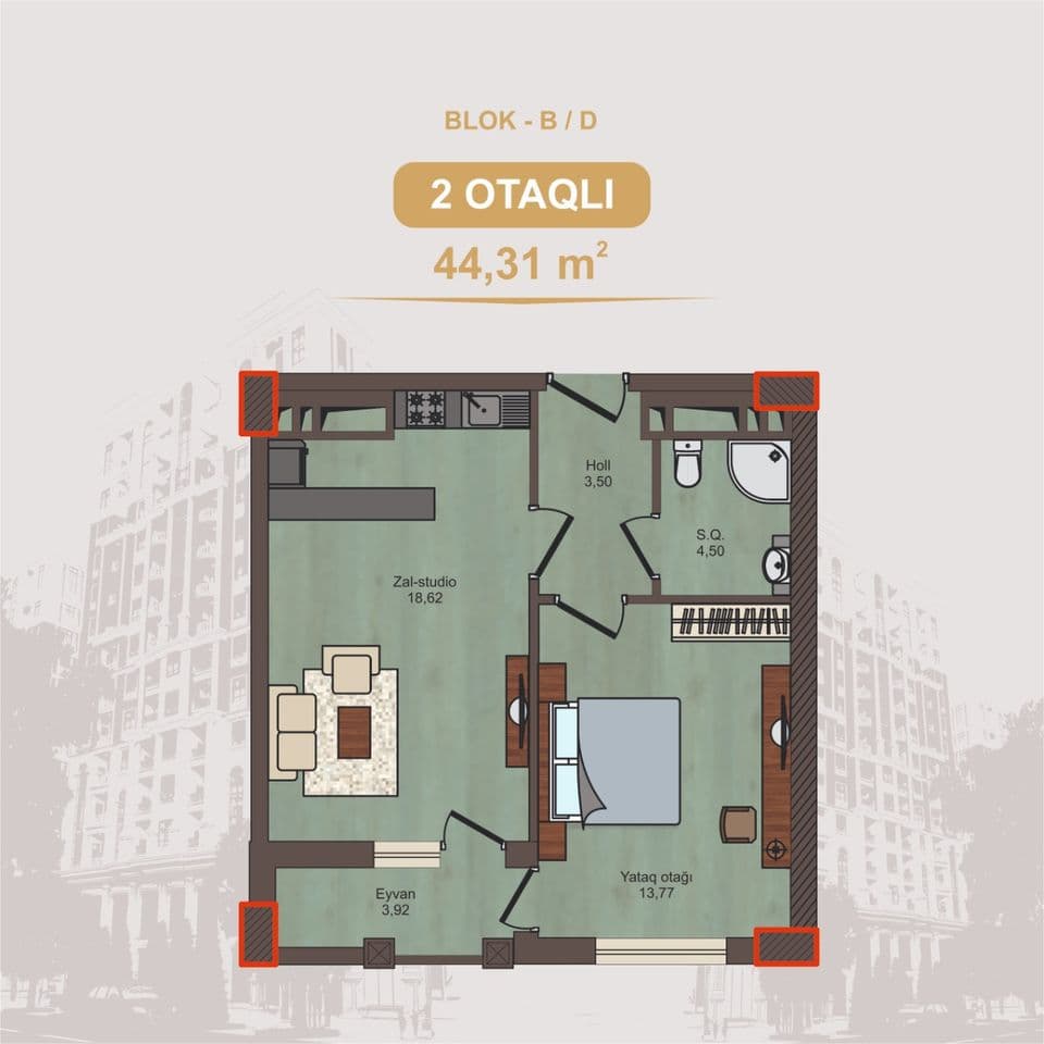 5 Ulduz 2 комнаты 44,31 квм - 2