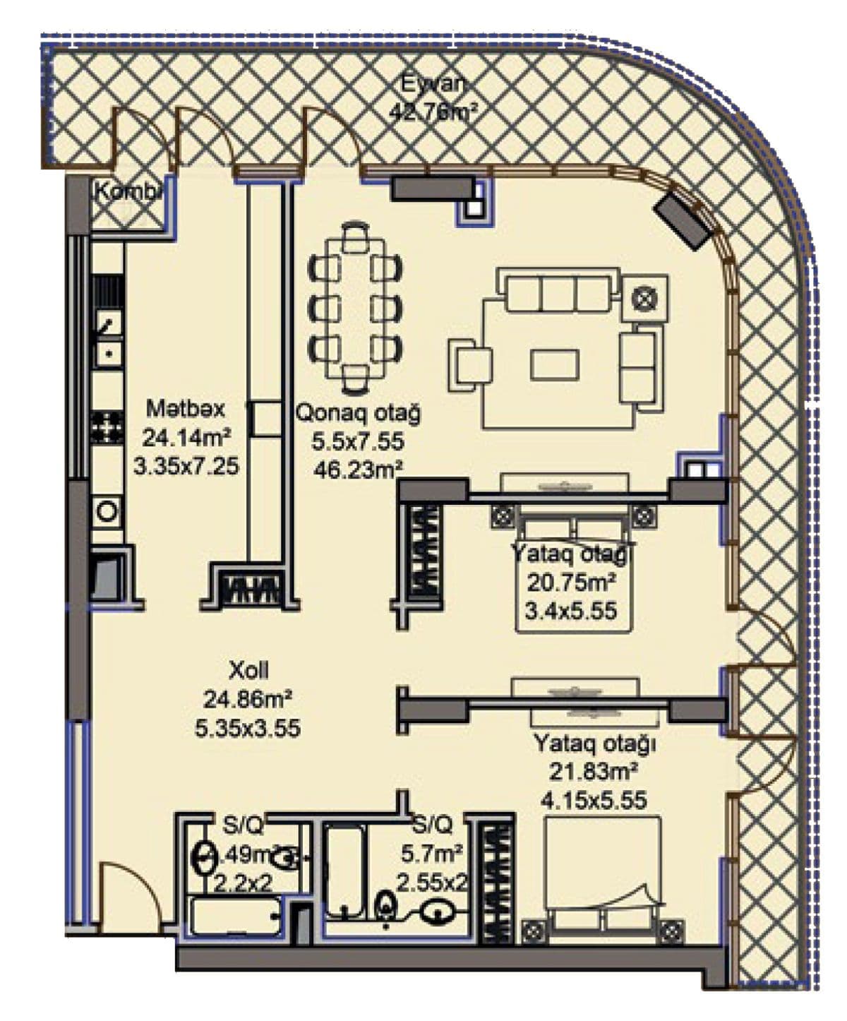 3 otaq, 190.76 kv.m.