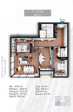Khatai Residence 3 комнаты, 158 кв.м.