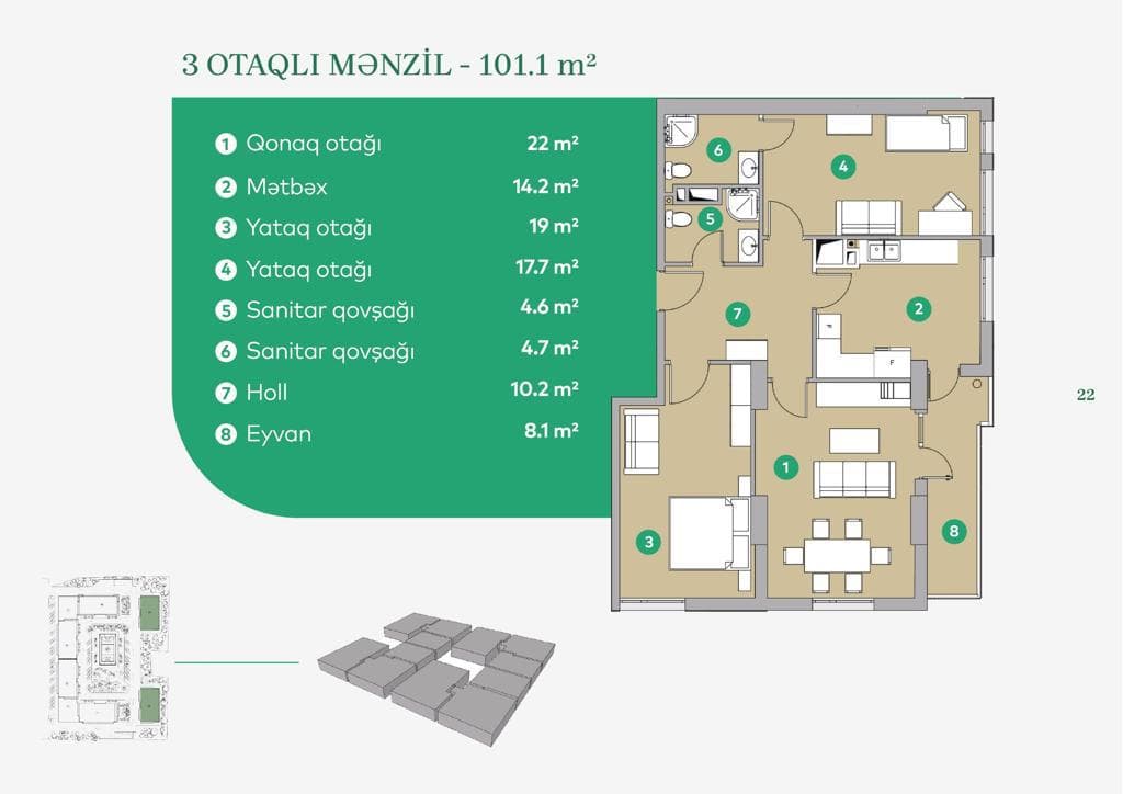 3 otaq 101,10 kv.m. - 2