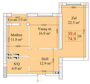 2 rooms, 74.90 sq.m. - 2