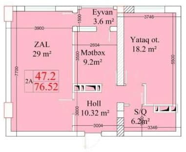 2 rooms, 76.52 sq.m. - 2