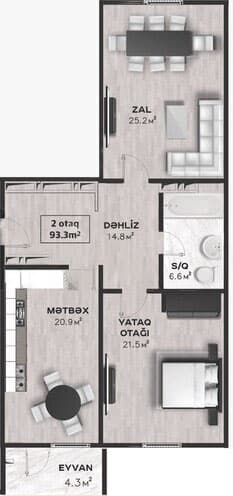 93.30 kvm, 2 otaqlı mənzil