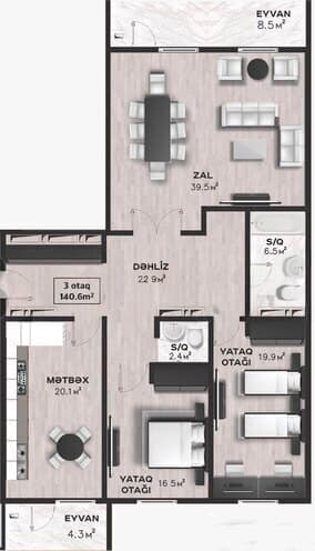 140.6 kvm, 3 otaqlı mənzil