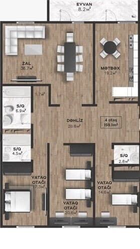 159.10 kvm, 4 otaqlı mənzil - 2