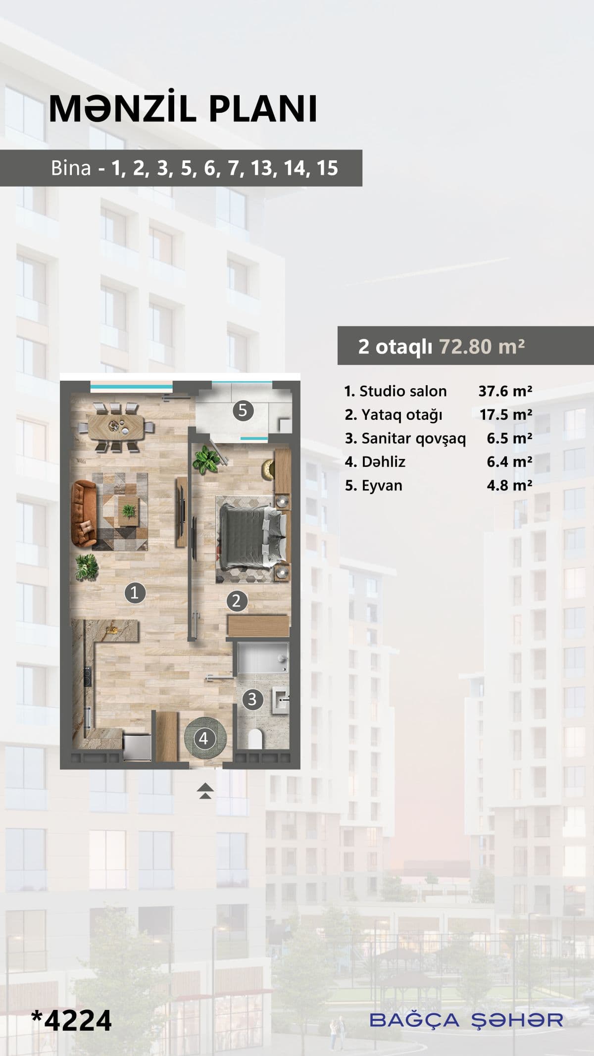72.8 kvm, 2 otaqlı mənzil