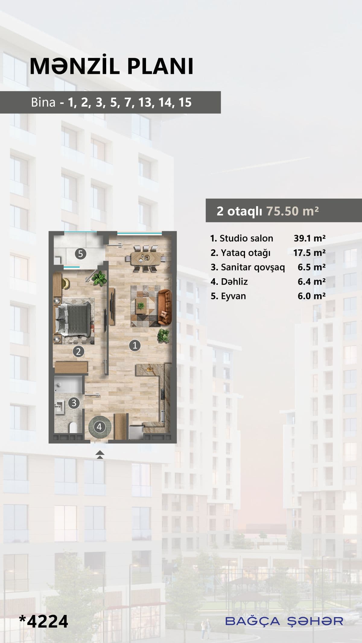 75.5 kvm, 2 otaqlı mənzil