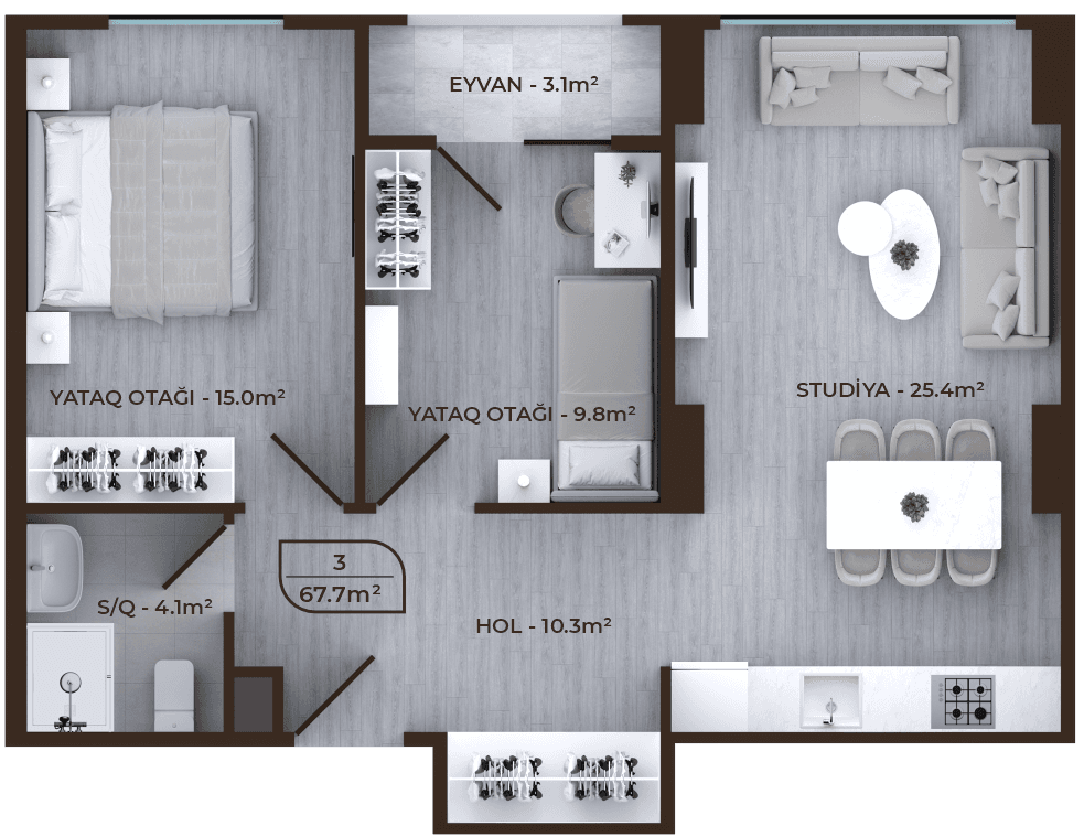 Mayak Residence 2 otaq, 67.70 kv.m.