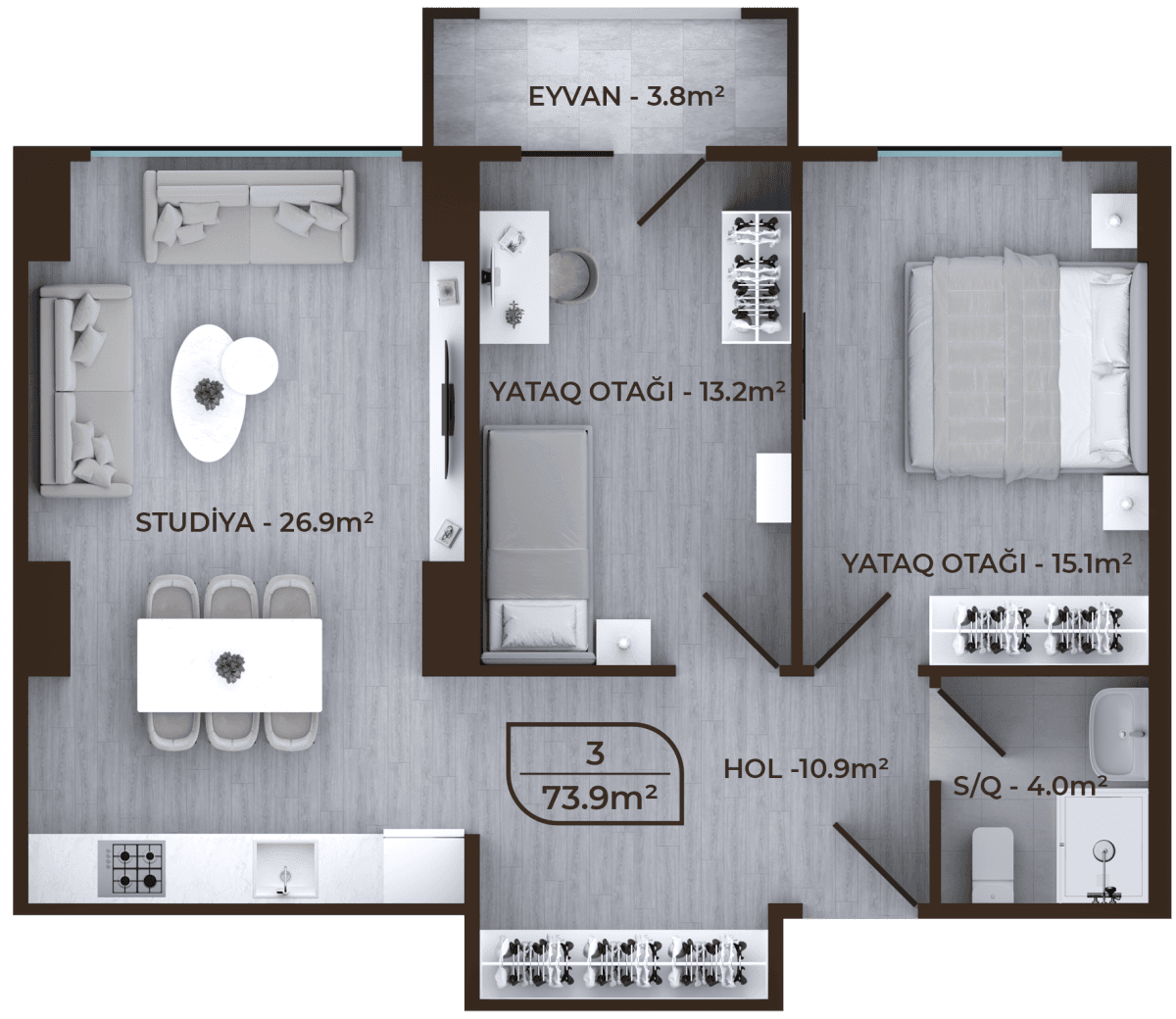 Mayak Residence 3 otaq, 73.90 kv.m.