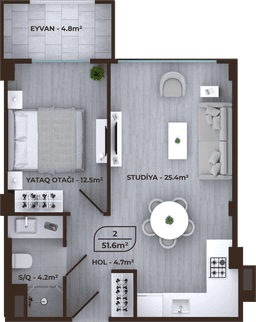 Mayak Residence 2 комнаты, 51,60 кв.м.