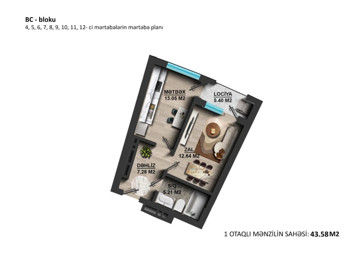 1 otaq, 43.58 kv.m. - 2