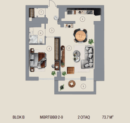 73.7 kvm, 3 otaqlı studio mənzil, blok B