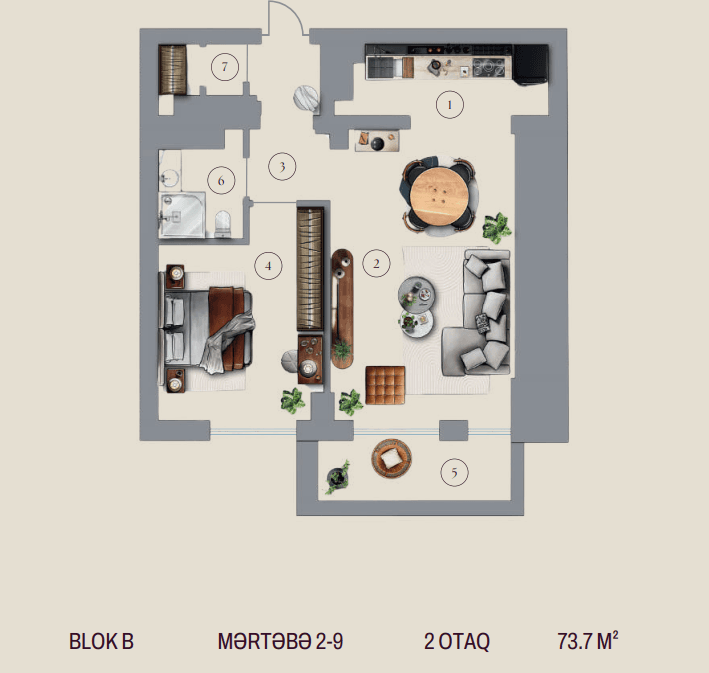 73.7 kvm, 3 otaqlı studio mənzil, blok B - 2