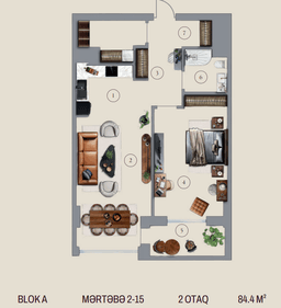 84.4 kvm, 2 otaqlı studio mənzil, blok A