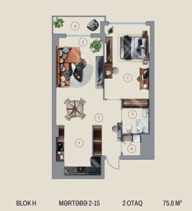 75.6 kvm, 2 otaqlı studio mənzil, blok H - 2