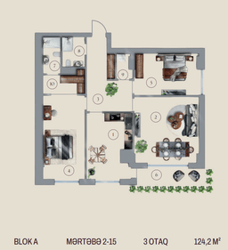 124.2 kvm, 3 otaqlı studio mənzil, blok A