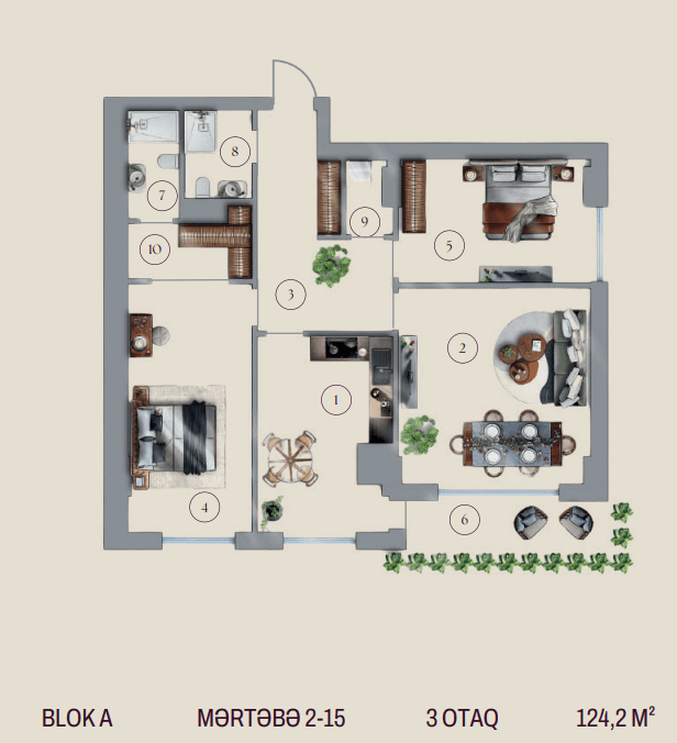 124.2 kvm, 3 otaqlı studio mənzil, blok A