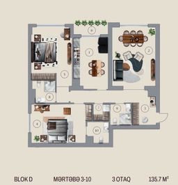 135.7 kvm, 3 otaqlı mənzil, blok D