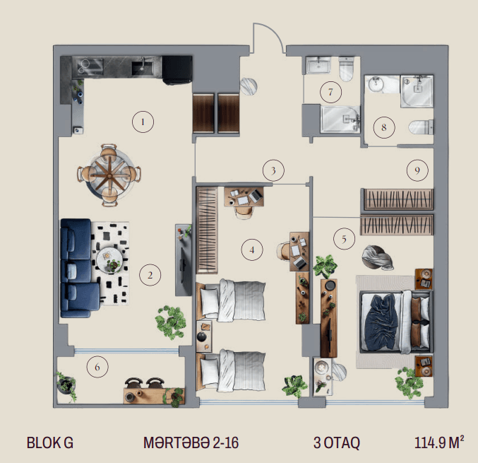 114.9 kvm, 3 otaqlı studio mənzil, blok G - 2