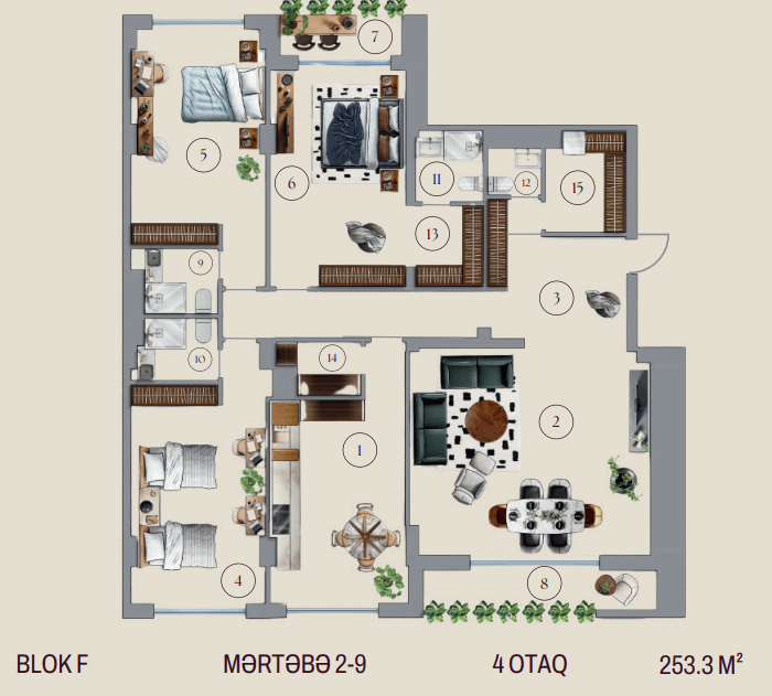 253.3 kvm, 4 otaqlı mənzil, blok F - 2