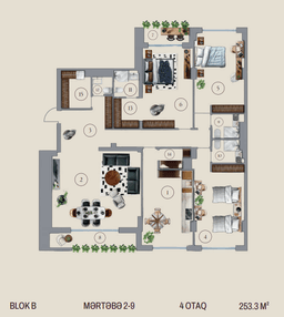 253.3 kvm, 4 otaqlı mənzil, blok B