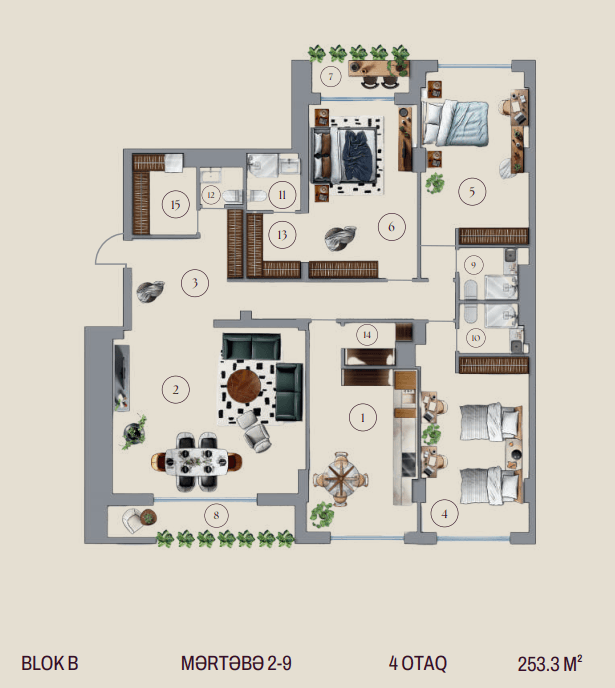 253.3 kvm, 4 otaqlı mənzil, blok B - 2