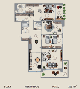 219.3 kvm, 4 otaqlı mənzil, blok F