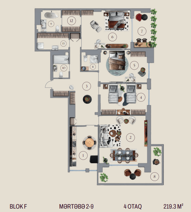 219.3 kvm, 4 otaqlı mənzil, blok F