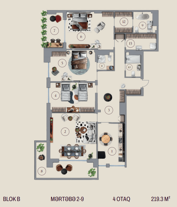 219.3 kvm, 4 otaqlı mənzil, blok B