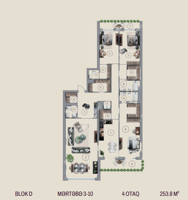 253.8 kvm, 4 otaqlı mənzil, blok D - 2