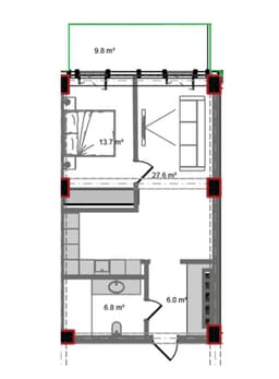 76.4 kvm, 2 otaqlı mənzil