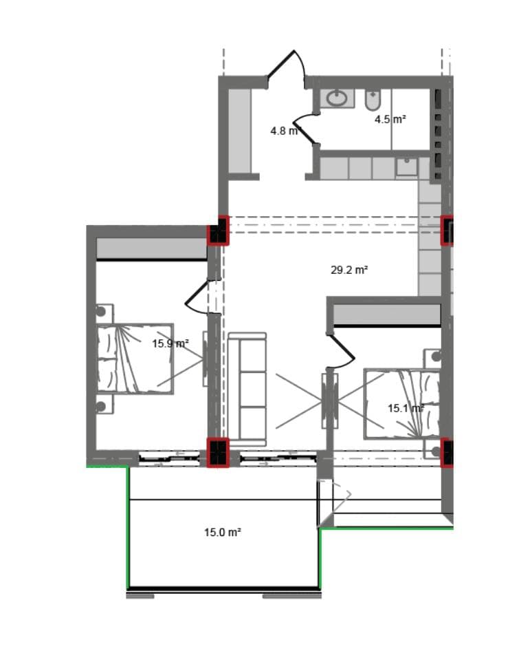 100.90 kvm, 3 otaqlı mənzil