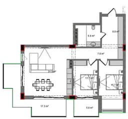 123.50 kvm, 3 otaqlı mənzil