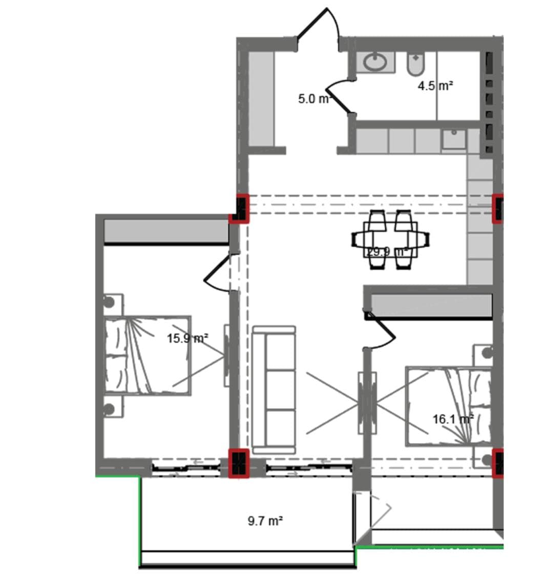 95.90 kvm, 3 otaqlı mənzil