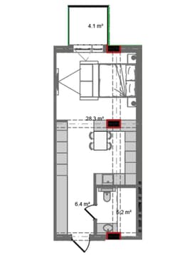 51.80 kvm, 1 otaqlı studio mənzil
