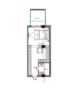 57 kvm, 1 otaqlı studio mənzil