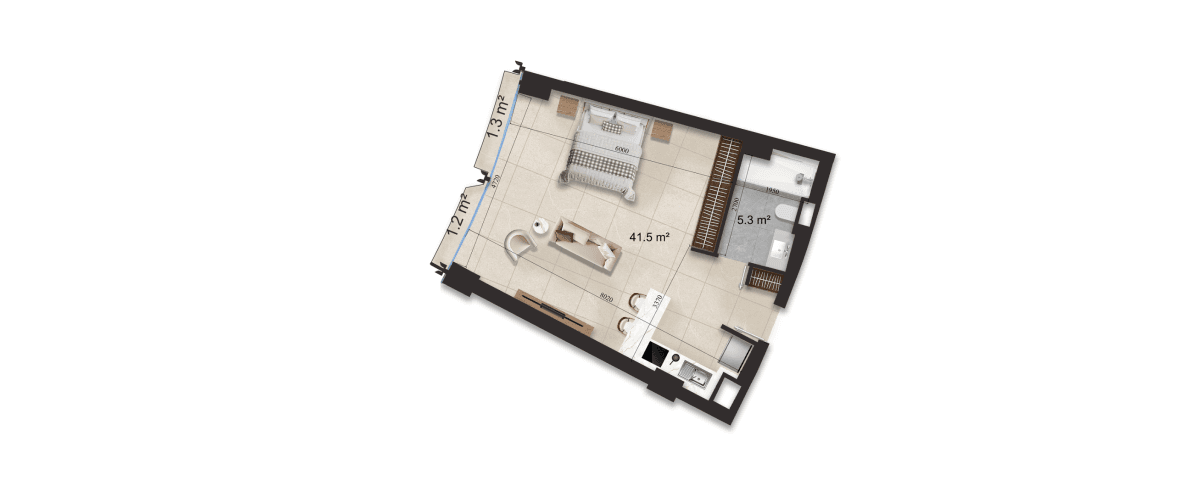 57.5 kvm, 1 otaqlı studio mənzil - 2