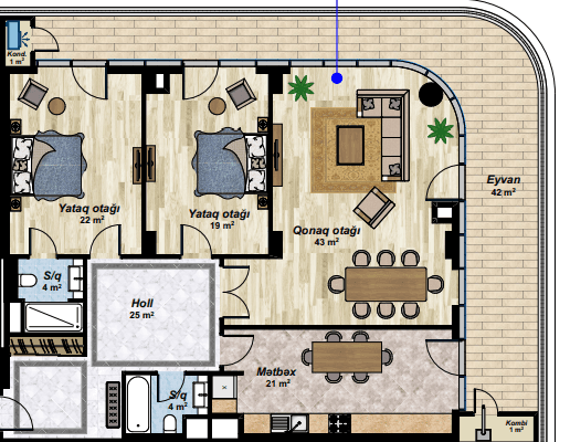 3 otaqlı mənzil, 188 kvm
