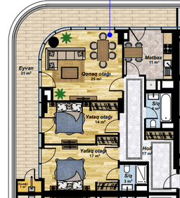3 otaqlı mənzil, 128 kvm