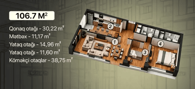106.7 kvm, 3 otaqlı mənzil - 2