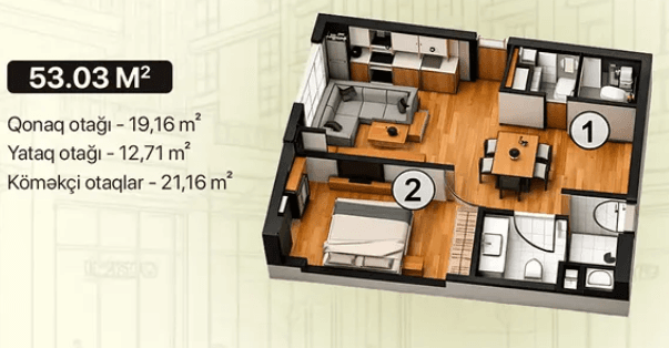 53.3 kvm, 2 otaqlı studio mənzil - 2