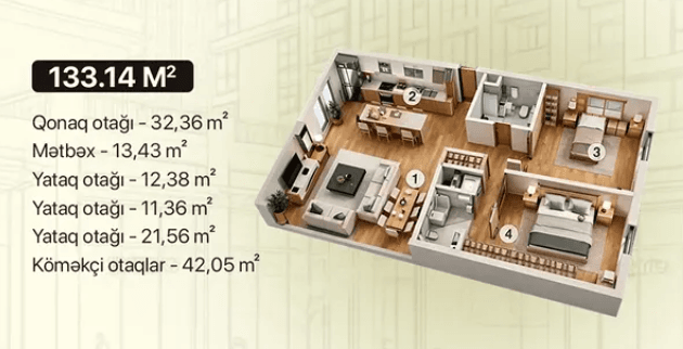 133.14 kvm, 3 otaqlı mənzil