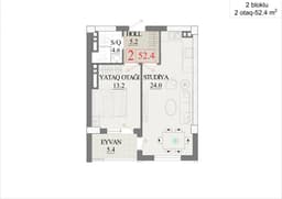 52.4 kvm, 2 otaqlı studiya - ikibloklu bina