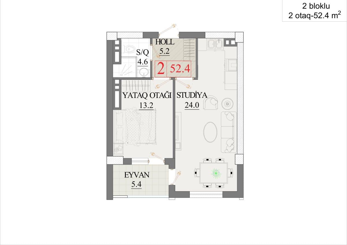 52.4 kvm, 2 otaqlı studiya - ikibloklu bina